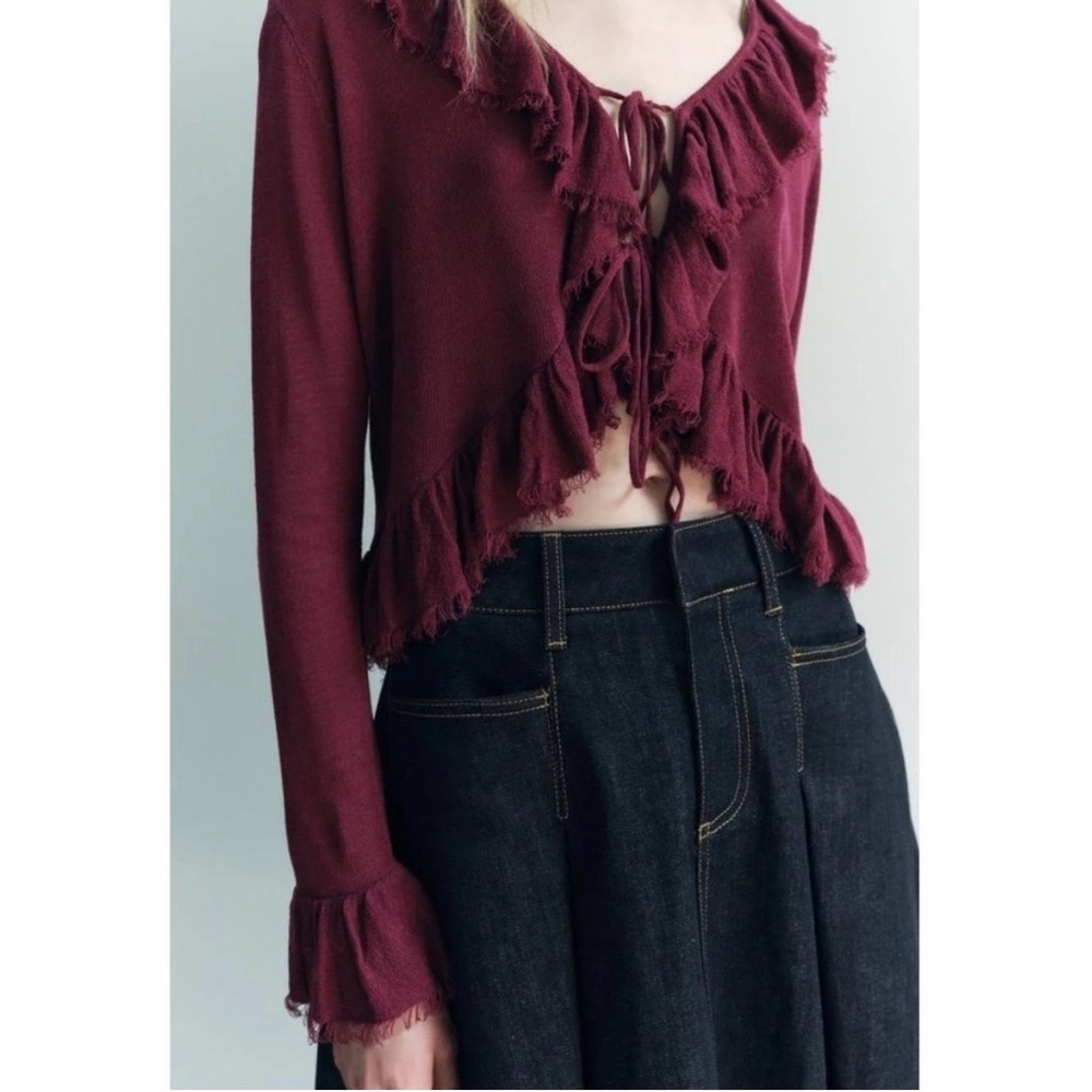 Zara Burgundy Ruffle-Front Cardigan S NWT